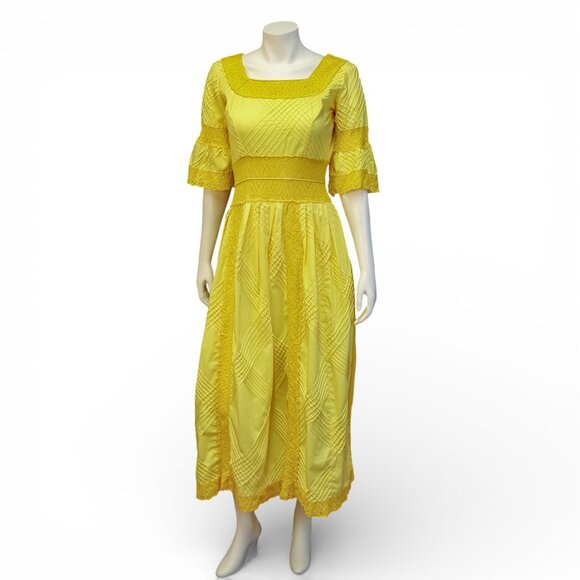 Vintage Dresses & Skirts - Vintage 1970s Mexican Yellow Pintucked Cotton Dress with Crochet Lace * Medium